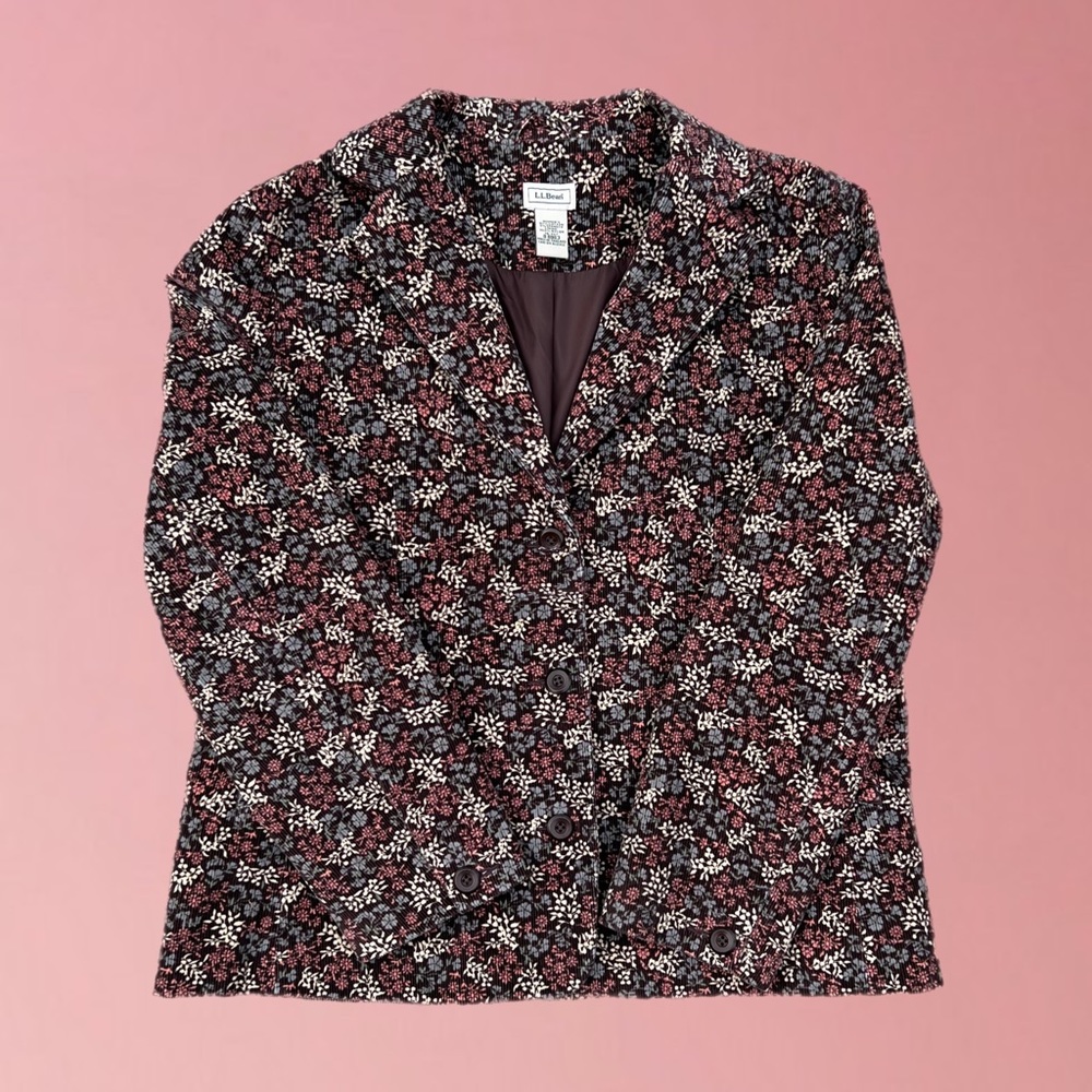 L.L. Bean Brown Floral Print Pinwale Corduroy Blazer size 16 petite